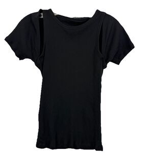 ME+EM Women's Sz 8 Black Ribbed Knit Split Shoulder Layered Casual Tee